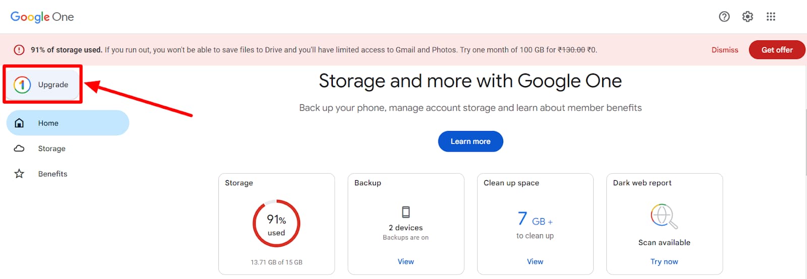 Google One storage overview with Upgrade highlighted.