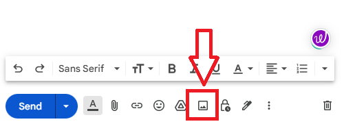 Gmail compose toolbar with the Insert photo button highlighted.