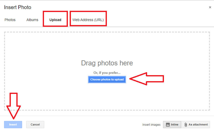 Gmail Insert Photo dialog with Upload, Web Address, and Choose photos to upload indicated.