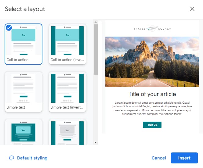 Gmail layout chooser showing email templates and a preview with an image and sign-up button.