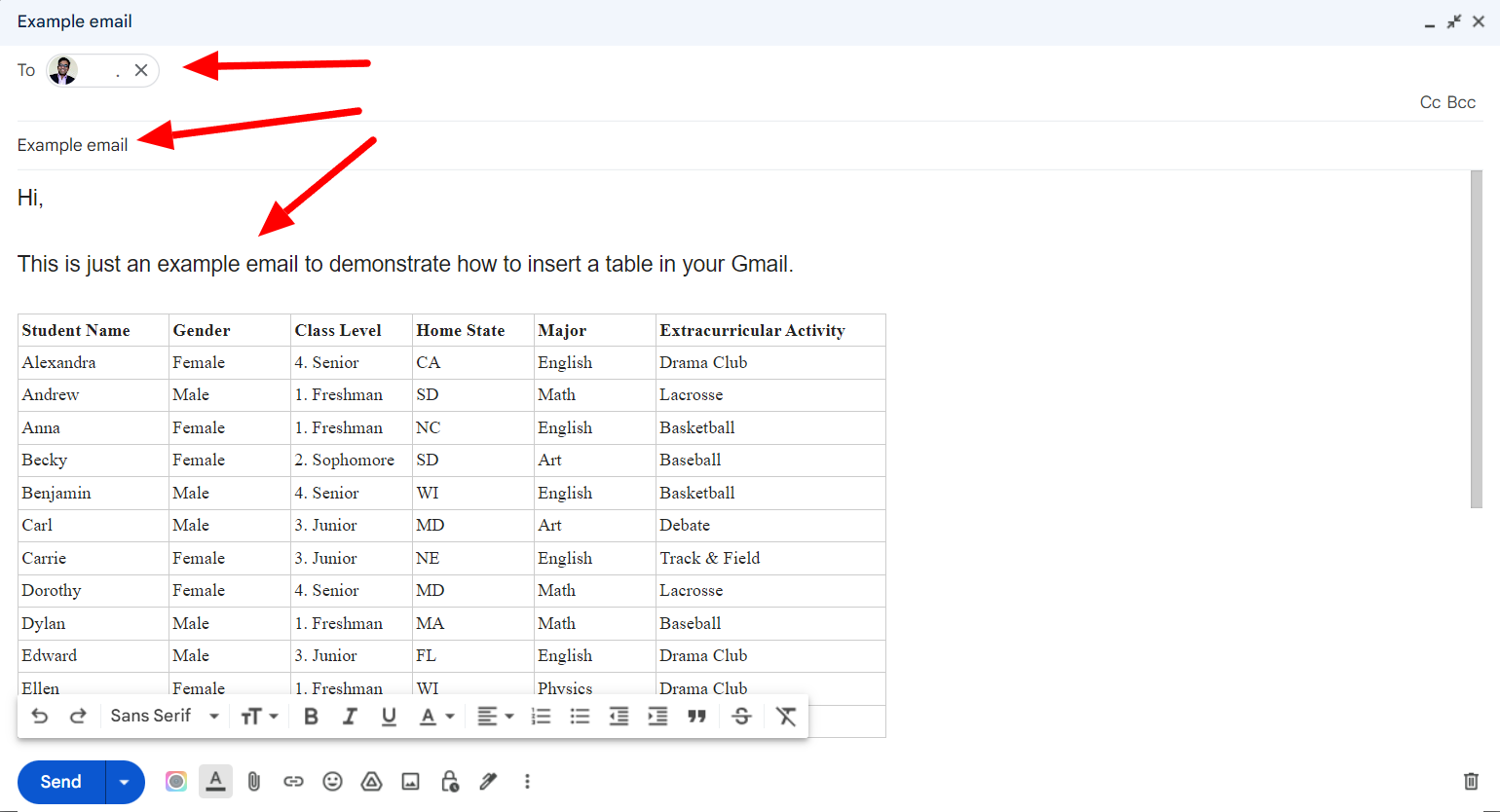 Gmail draft with a recipient, subject, introductory text, and pasted table.