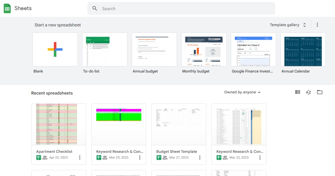 Google Sheets home showing spreadsheet templates and recent spreadsheets.