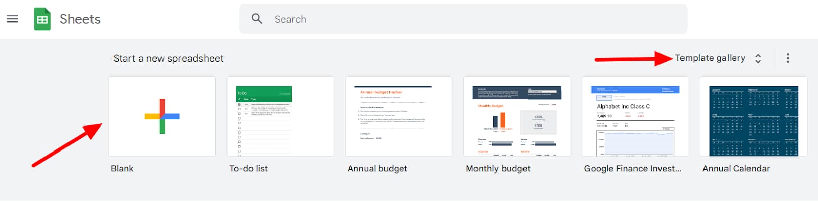Google Sheets home with the Blank template and Template gallery indicated.