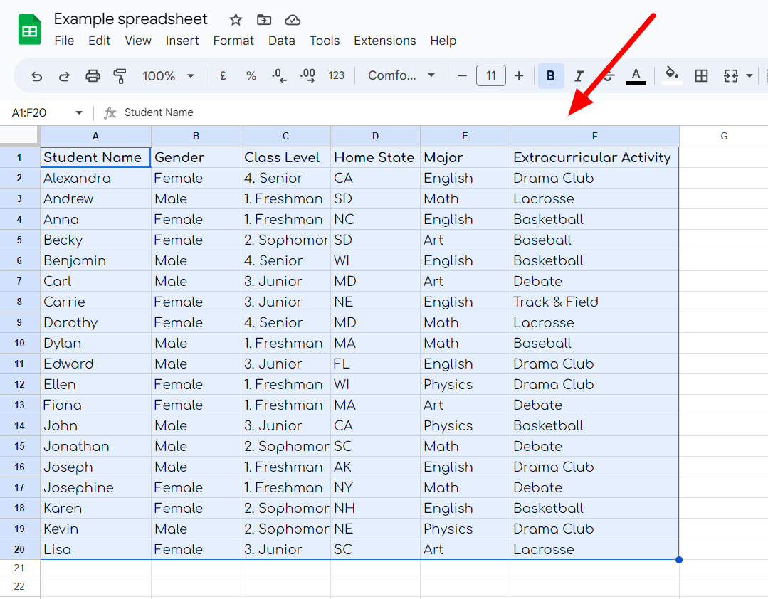 Google Sheets student-information table selected across six columns.