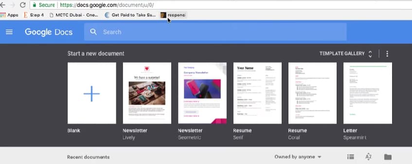 Google Docs template gallery showing newsletter designs.