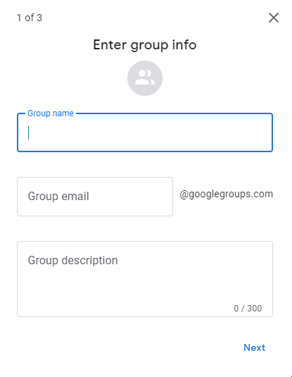 Google Groups setup form for group name, email and description.