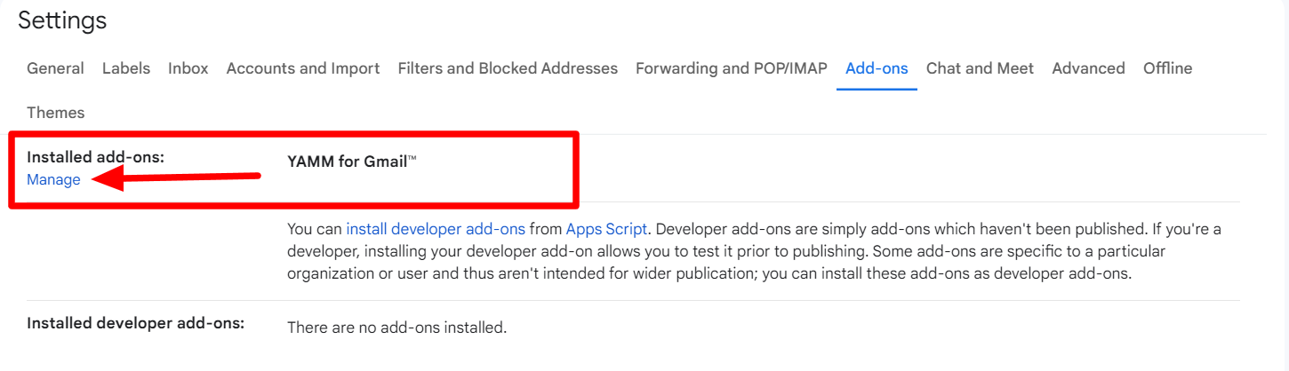 Gmail Add-ons settings with the Manage installed add-ons link highlighted.