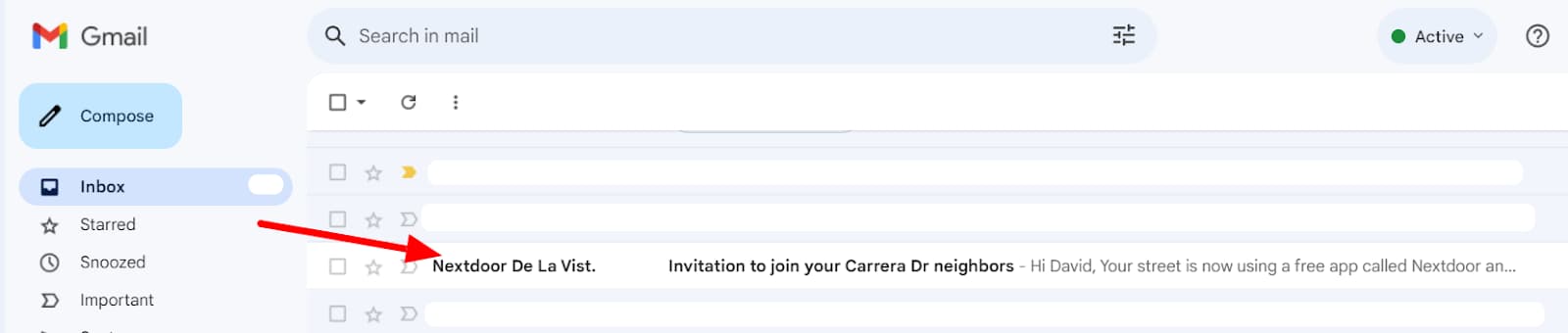 Gmail inbox with a Nextdoor subscription email indicated.