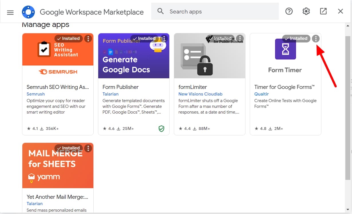 Google Workspace Marketplace showing installed apps, with the Timer for Google Forms menu indicated.