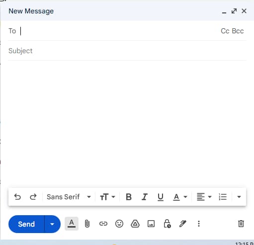Blank Gmail draft with recipient, subject, and formatting controls visible.