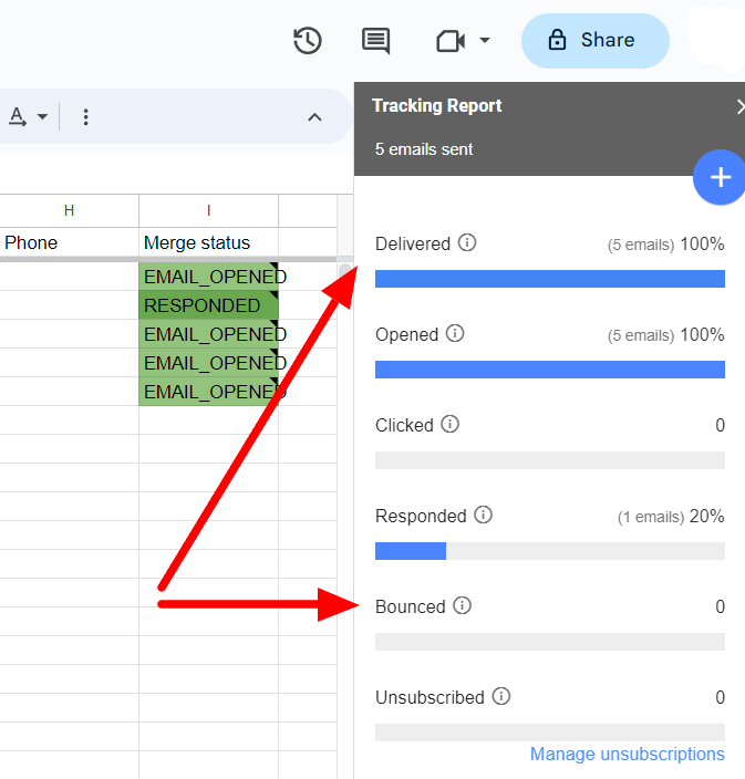 YAMM Tracking Report with Delivered and Bounced metrics indicated.