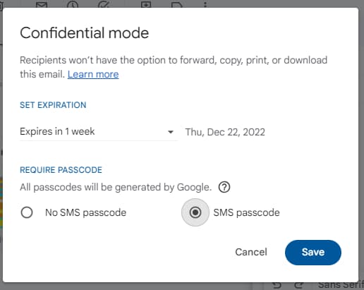 Gmail Confidential mode dialog with expiration and SMS passcode settings.