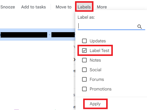 Gmail Labels menu with Test Label selected and Apply highlighted.