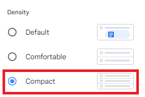 Gmail Quick settings with Compact display density selected.