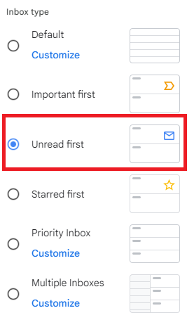 Gmail Quick settings with Unread first selected as the inbox type.