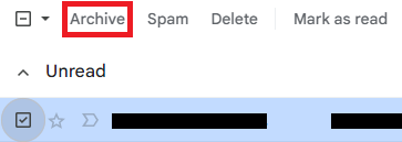 Selected Gmail message with the Archive action highlighted.