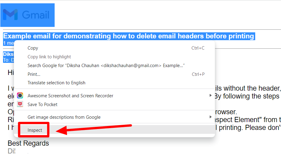 Browser context menu with Inspect highlighted beside the selected email header.