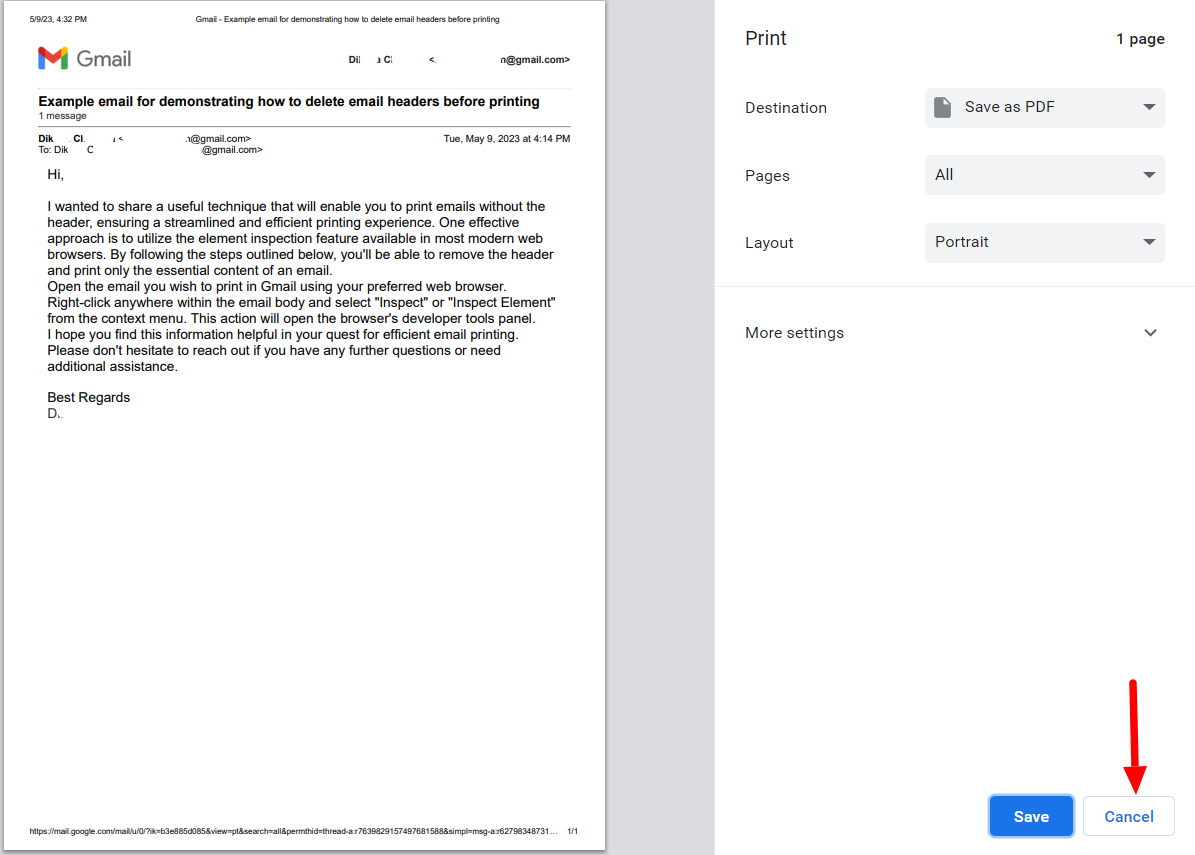 Browser print preview showing the email with its header and the Cancel button indicated.