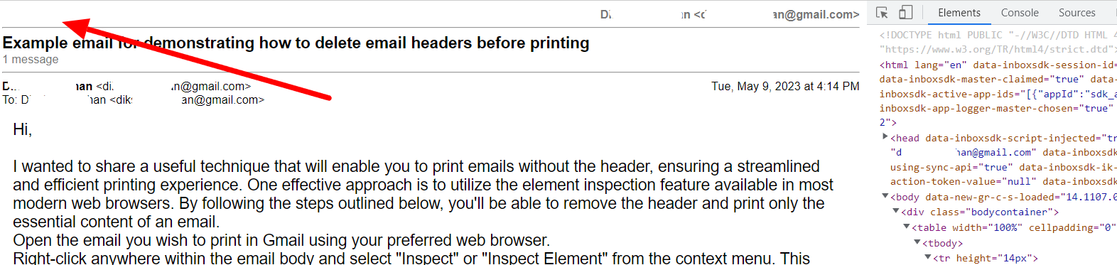 Email print view after the Gmail logo has been removed.