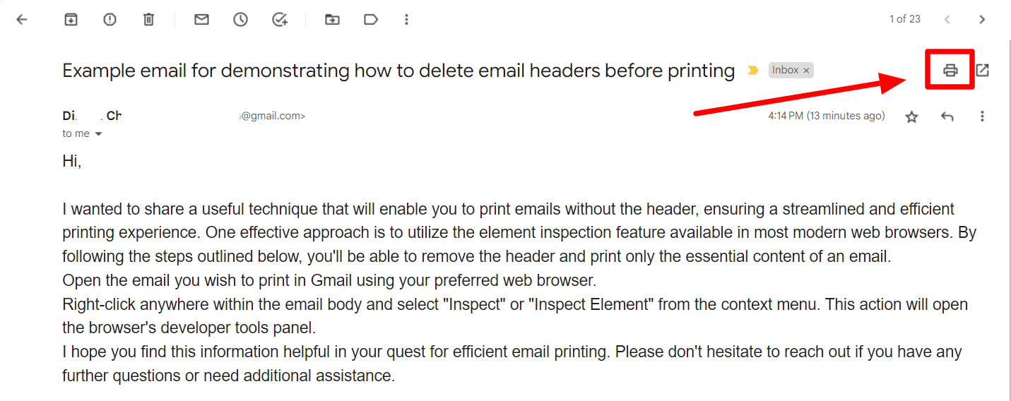 Open Gmail message with the Print all icon highlighted.
