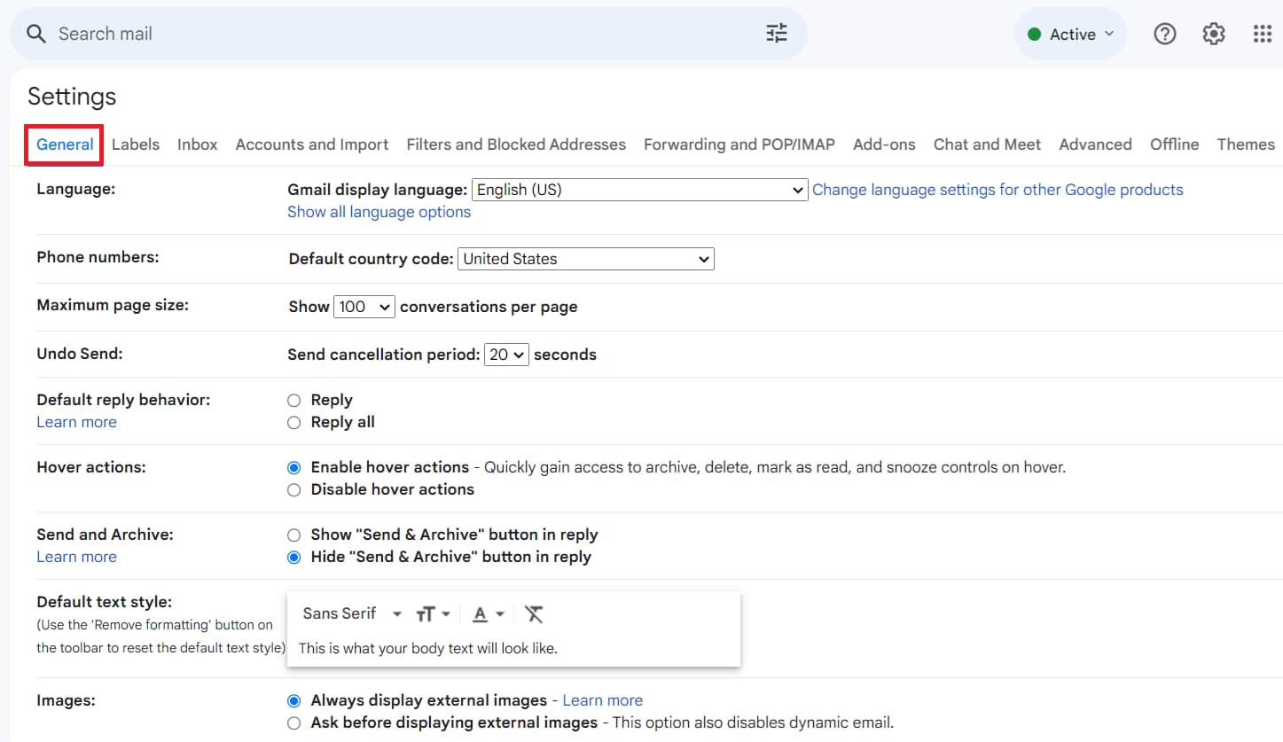 Gmail General settings showing Undo Send and its cancellation-period selector.