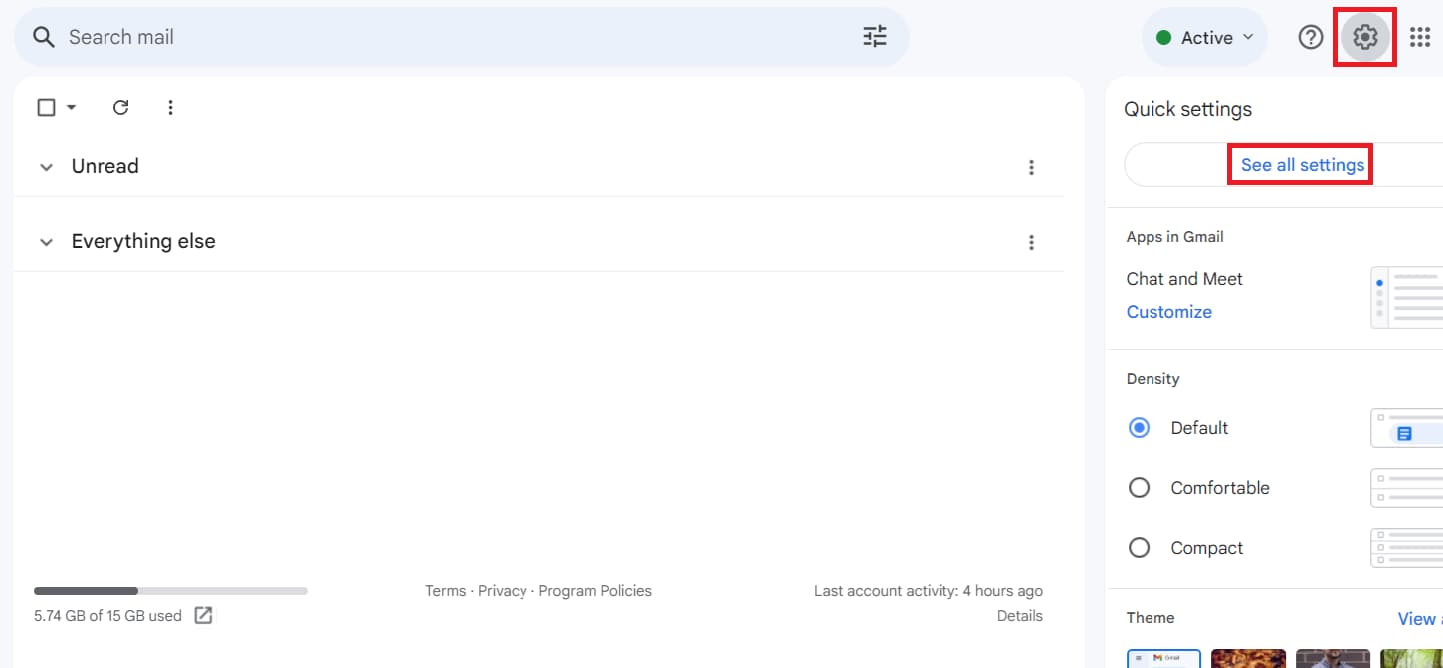 Gmail settings gear and See all settings button highlighted.