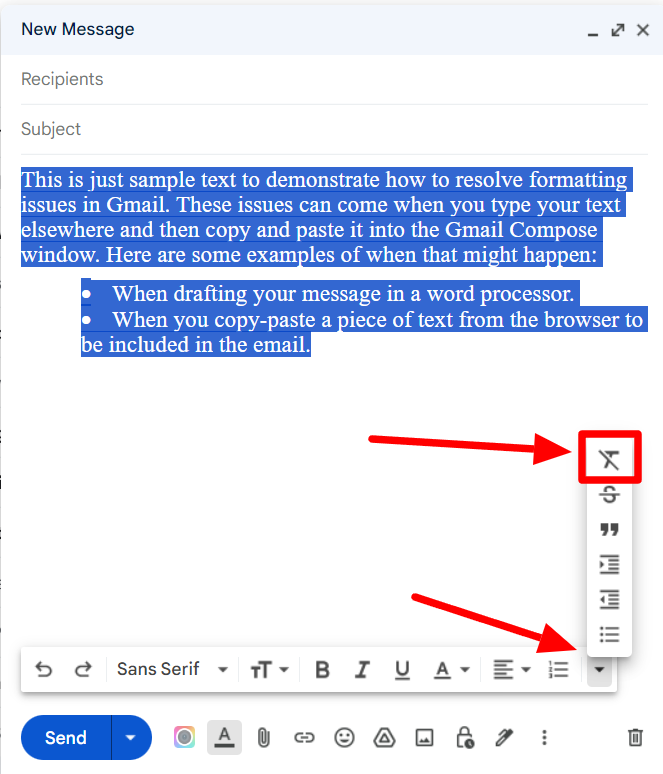 Expanded Gmail formatting controls with Remove formatting highlighted.