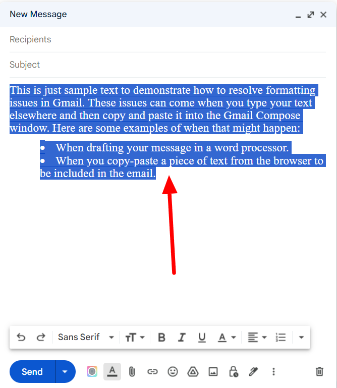 Gmail draft with all formatted message text selected.