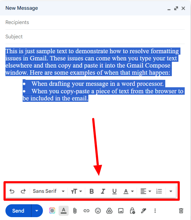Gmail draft with selected text and the formatting toolbar highlighted.