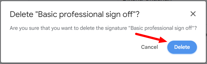 Confirmation dialog for deleting a saved signature, with Delete highlighted.