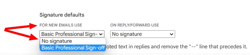 Default signature dropdown for new emails, including the No signature option.
