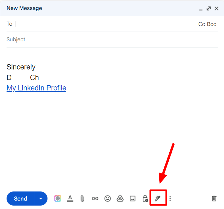 Gmail draft with the Insert signature button highlighted.