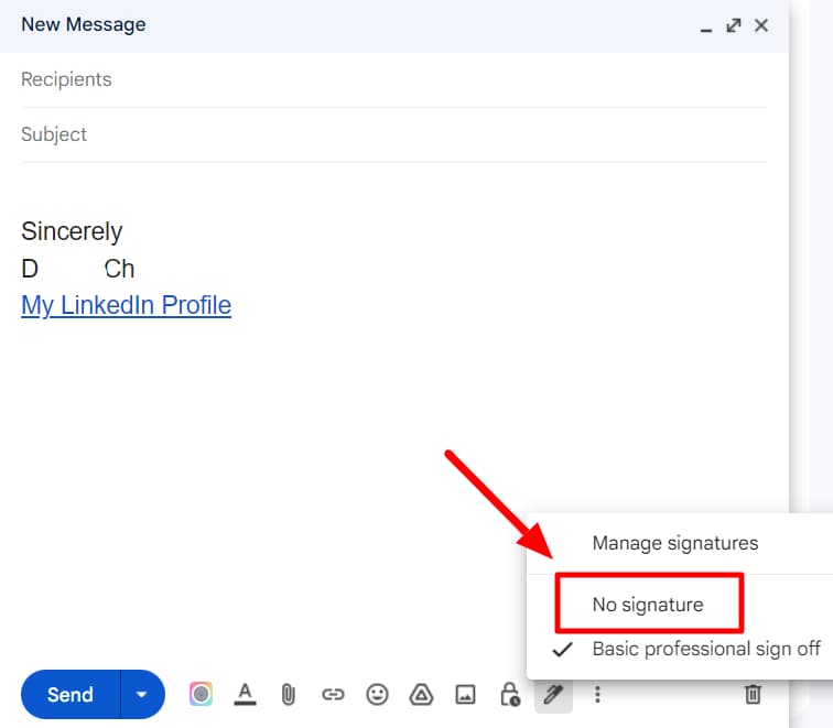 Gmail signature menu with No signature highlighted.