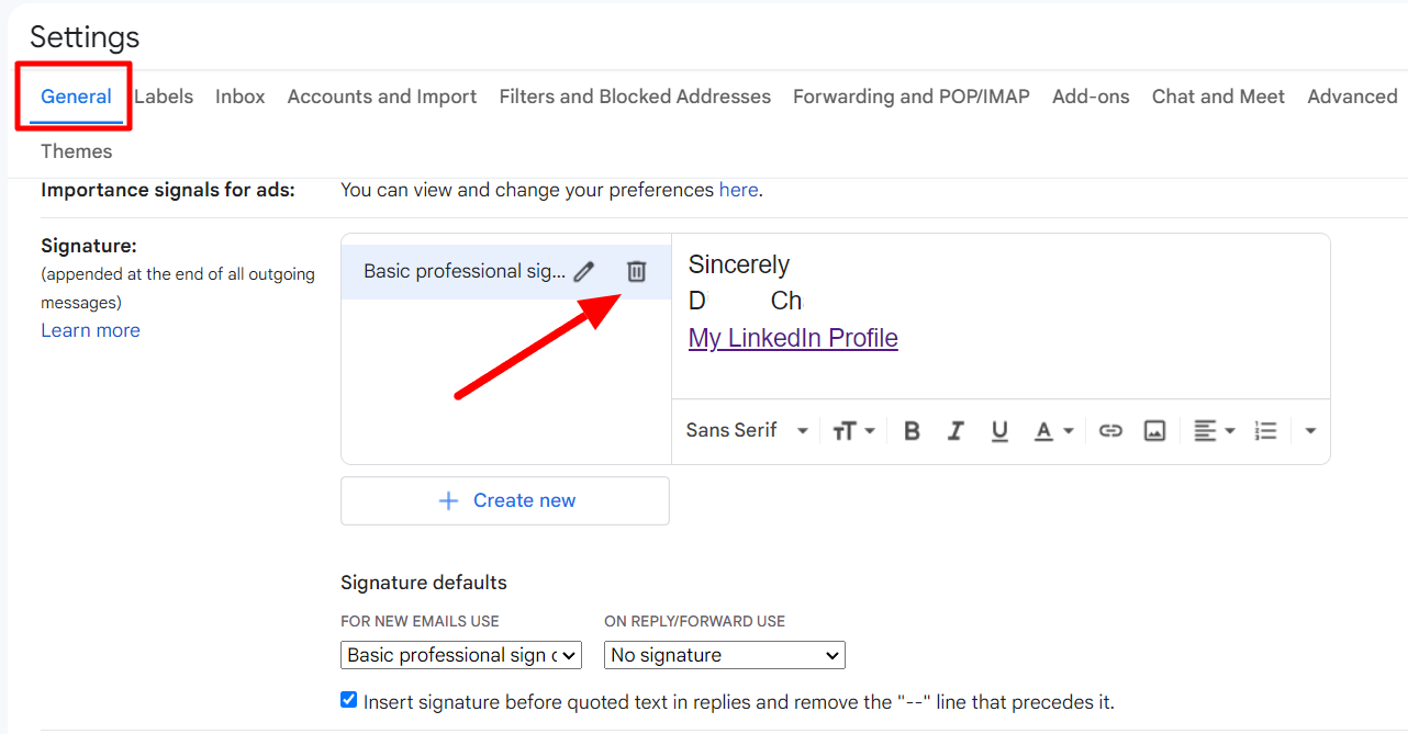 Gmail Signature settings with the delete icon beside a saved signature indicated.