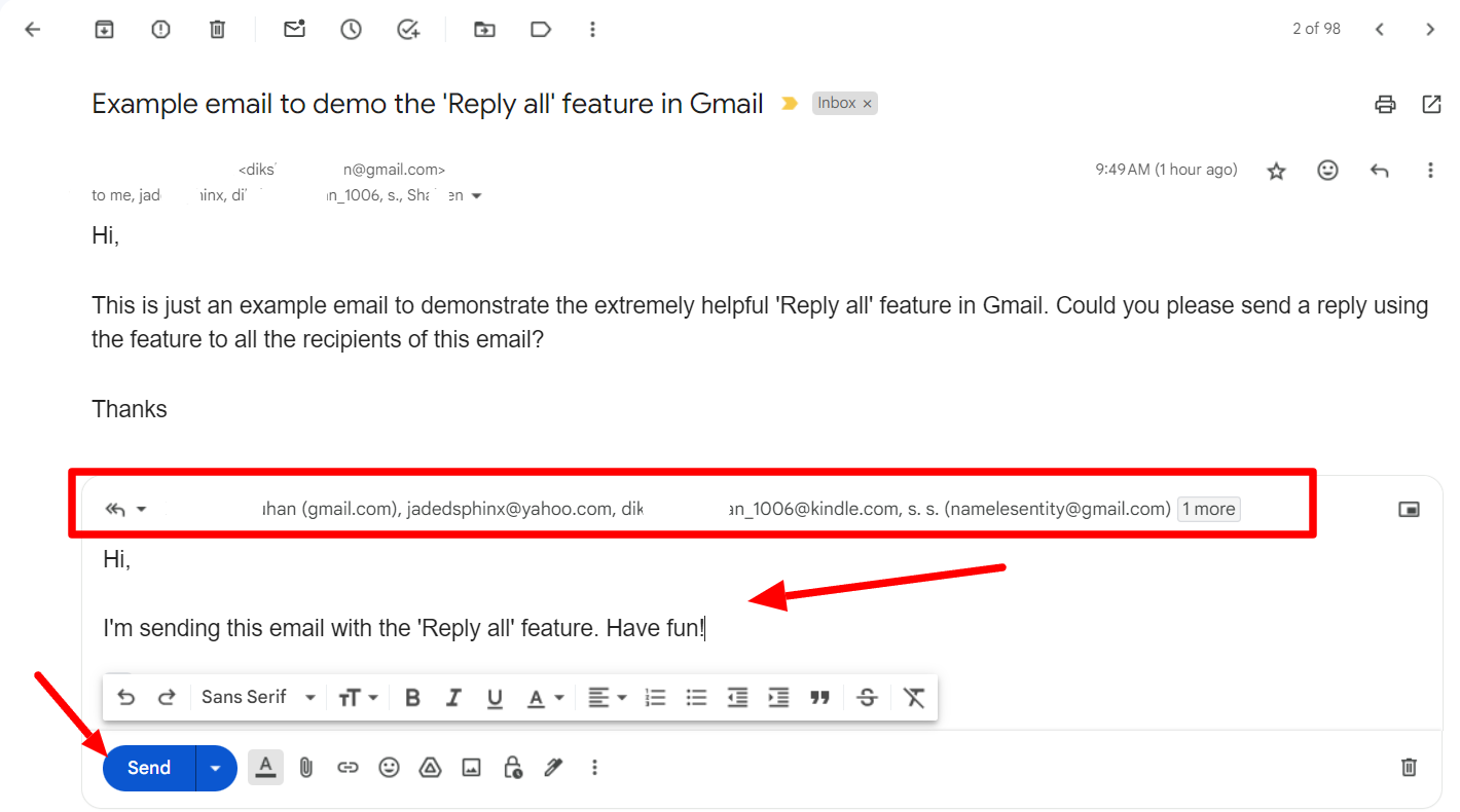 Gmail reply-all composer with multiple recipients, a response, and the Send button indicated.