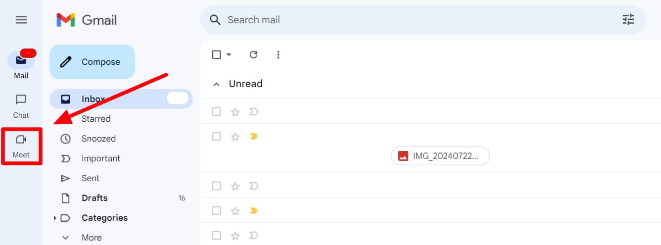 Gmail left navigation with Meet highlighted.