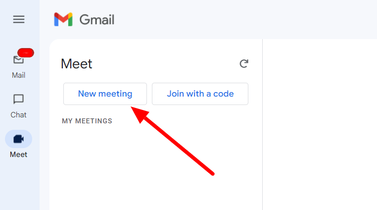 Gmail Meet panel with the New meeting button indicated.
