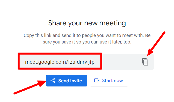 Google Meet sharing dialog with the meeting link, copy control, and Send invite button indicated.