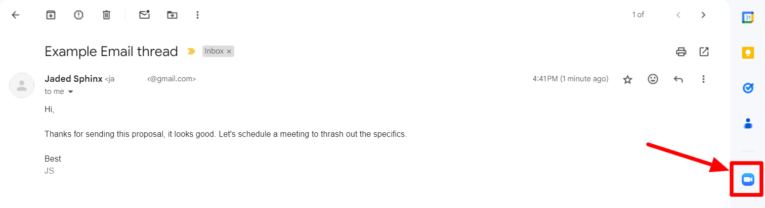 Gmail email thread with the Zoom add-on icon highlighted in the sidebar.