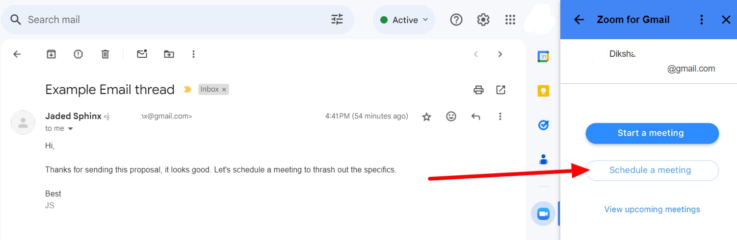 Zoom for Gmail sidebar with Schedule a meeting highlighted.