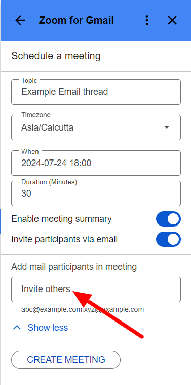 Zoom meeting form expanded to show the Invite others field.