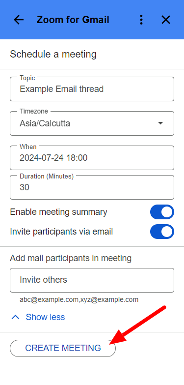 Zoom meeting form with Create Meeting highlighted.