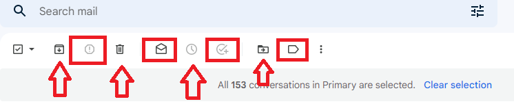 Gmail bulk-action toolbar with archive, spam, delete, read, task, move, and label controls indicated.