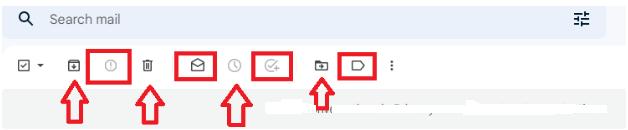 Gmail bulk-action toolbar with controls for managing selected messages highlighted.
