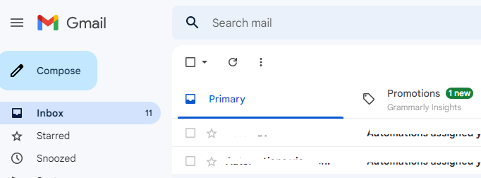 Gmail Primary inbox with unselected message checkboxes.