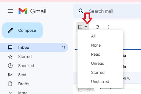 Gmail selection menu with All, None, Read, Unread, Starred, and Unstarred options.