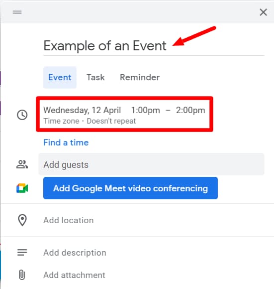 A new calendar event with its title, date, and time highlighted.