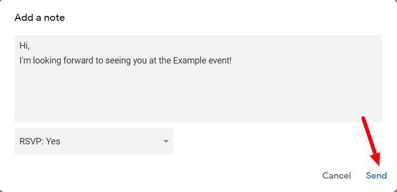 An event response note with RSVP set to Yes and the Send button highlighted.