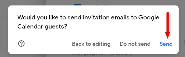 Google Calendar asks whether to send invitation emails, with Send highlighted.