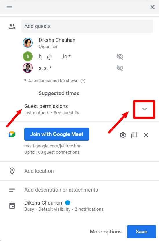 The arrow for expanding Guest permissions is highlighted.